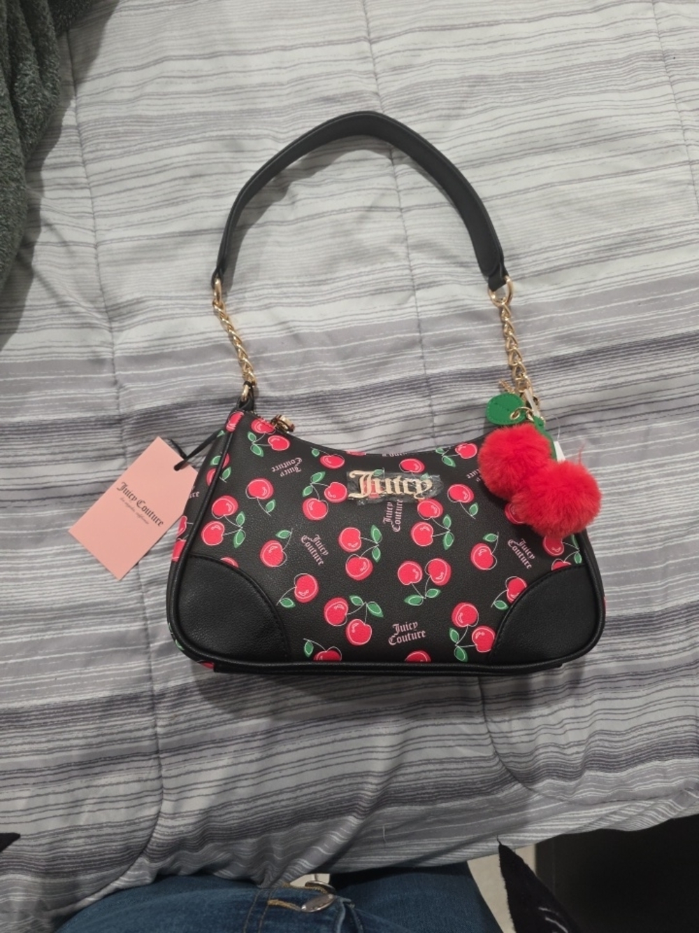 Juicy Couture Black Shoulder Bag with Red Cherry Print and Pom-Pom Charm